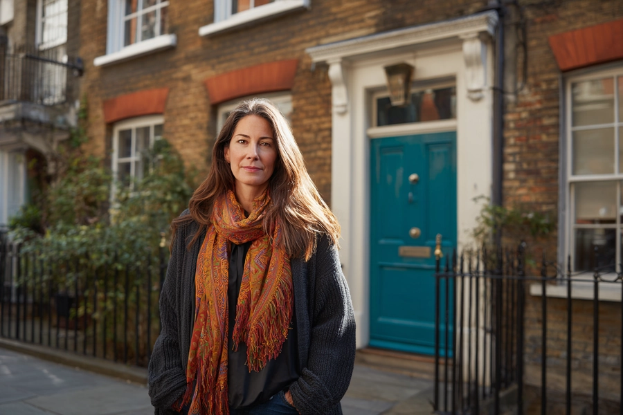 Woman standing outside her flat in London